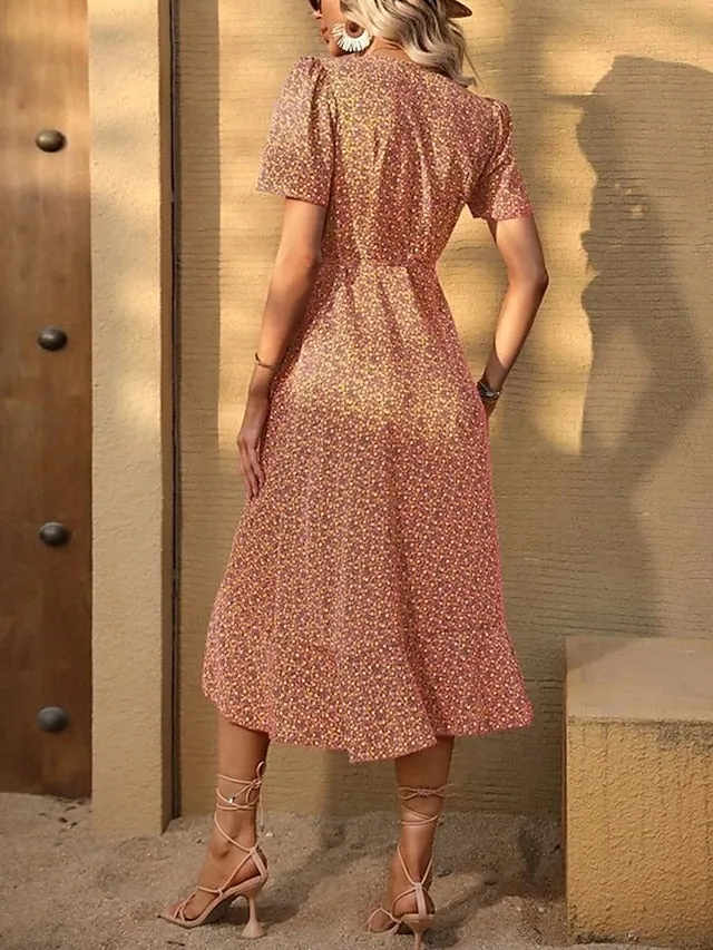 Casual Dress Sundress Wrap Dress Floral Ruffle Asymmetrical V Neck Midi Dress Active Fashion Outdoor Daily Short Sleeve Regular Fit Light Green Dark Green Camel Summer Spring S M L XL for Women