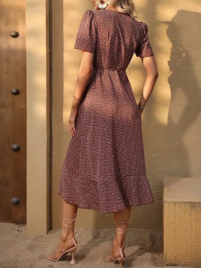 Casual Dress Sundress Wrap Dress Floral Ruffle Asymmetrical V Neck Midi Dress Active Fashion Outdoor Daily Short Sleeve Regular Fit Light Green Dark Green Camel Summer Spring S M L XL for Women