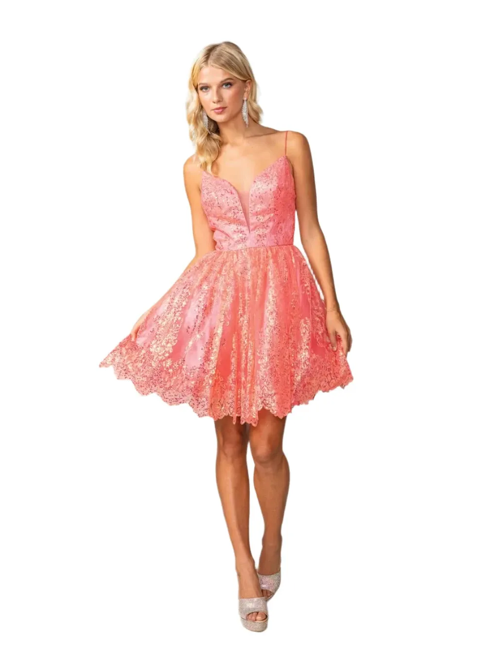 DQ 3358 Size 4 Coral Glitter Homecoming Dress Corset A Line Cocktail Gown V Neck Formal Shimmer