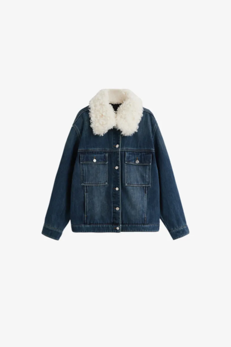 Fleece Lined Denim Trucker Jacket with Fur Collar