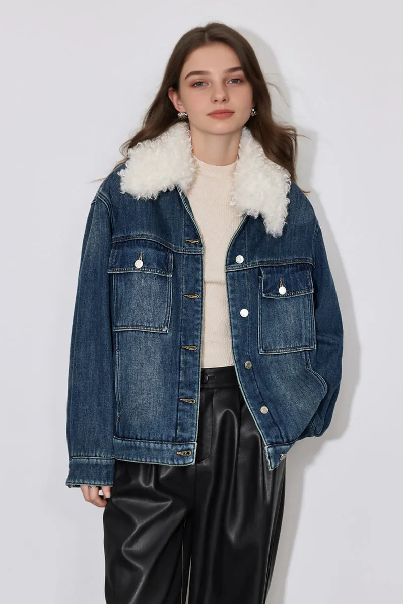 Fleece Lined Denim Trucker Jacket with Fur Collar