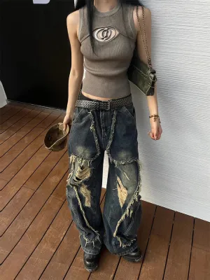 Girlary Women's Tassel Big Pocket Design Wide-leg Jeans Cool Girl High Waisted Fashion Loose Pants Female Straight Retro Denim Trousers