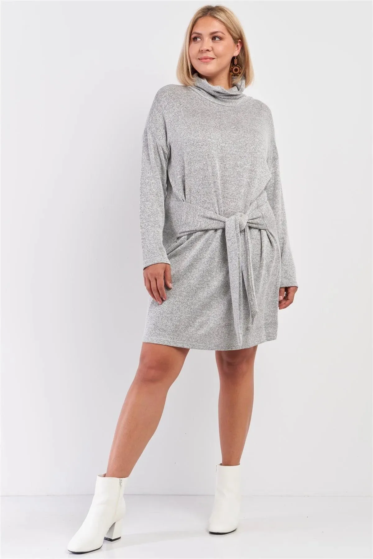 Junior Plus Knit Turtleneck Self-Tie Waist Mini Sweater Dress /2-2-1-1