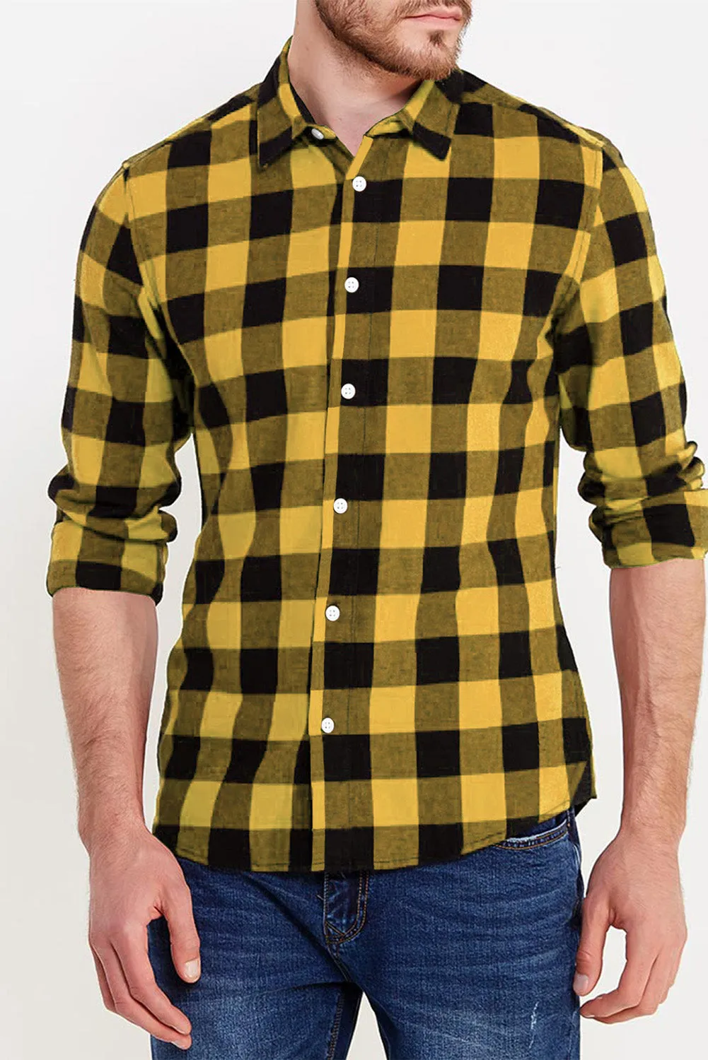 Men Button Front Long Sleeve Gingham Shirt