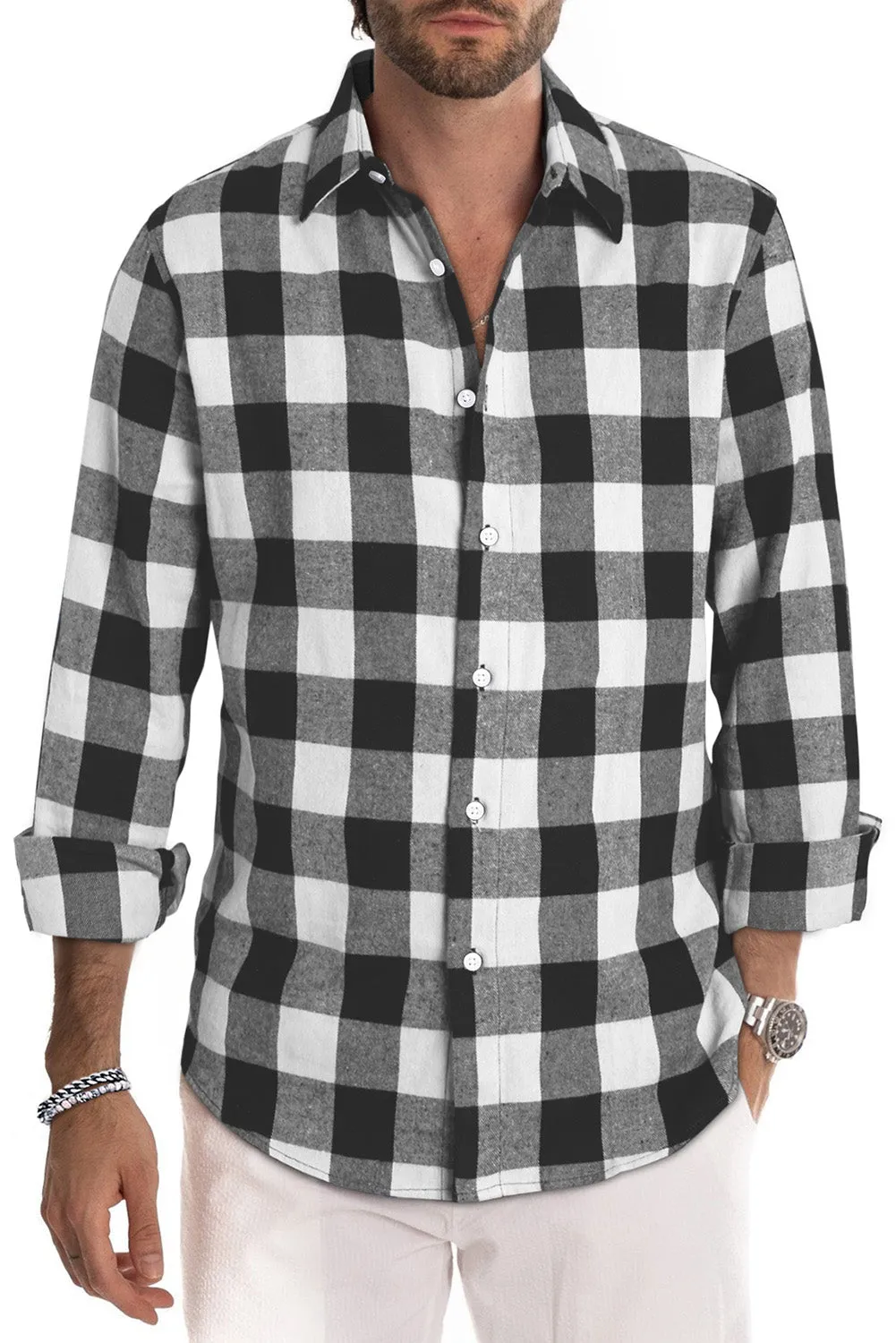 Men Button Front Long Sleeve Gingham Shirt
