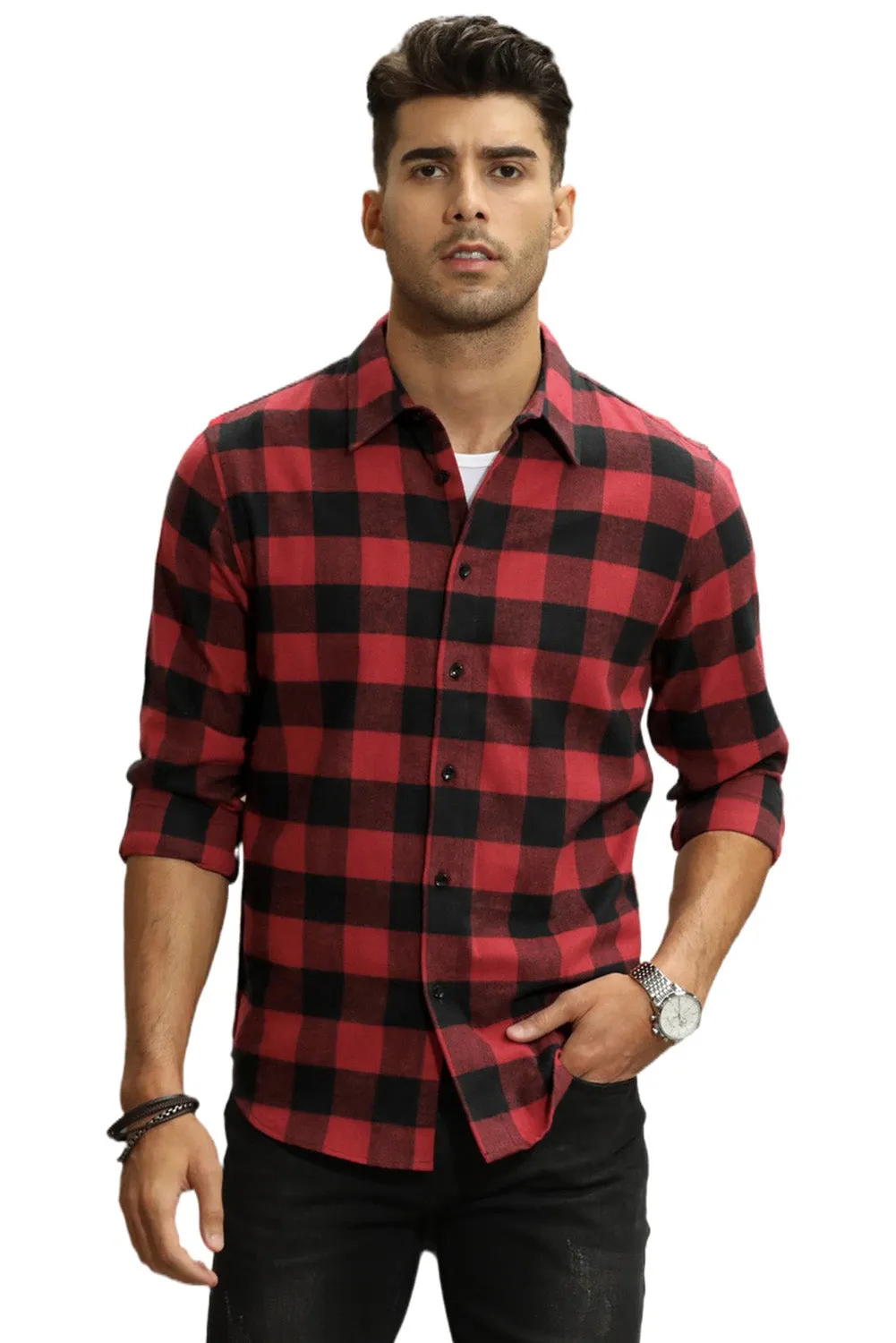 Men Button Front Long Sleeve Gingham Shirt