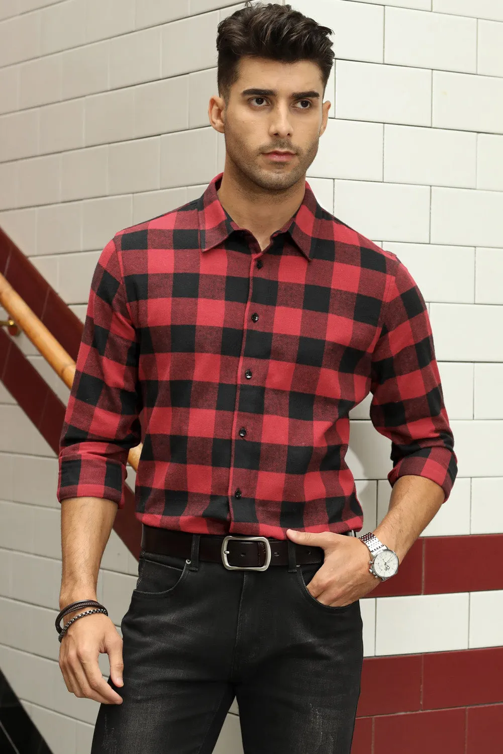 Men Button Front Long Sleeve Gingham Shirt