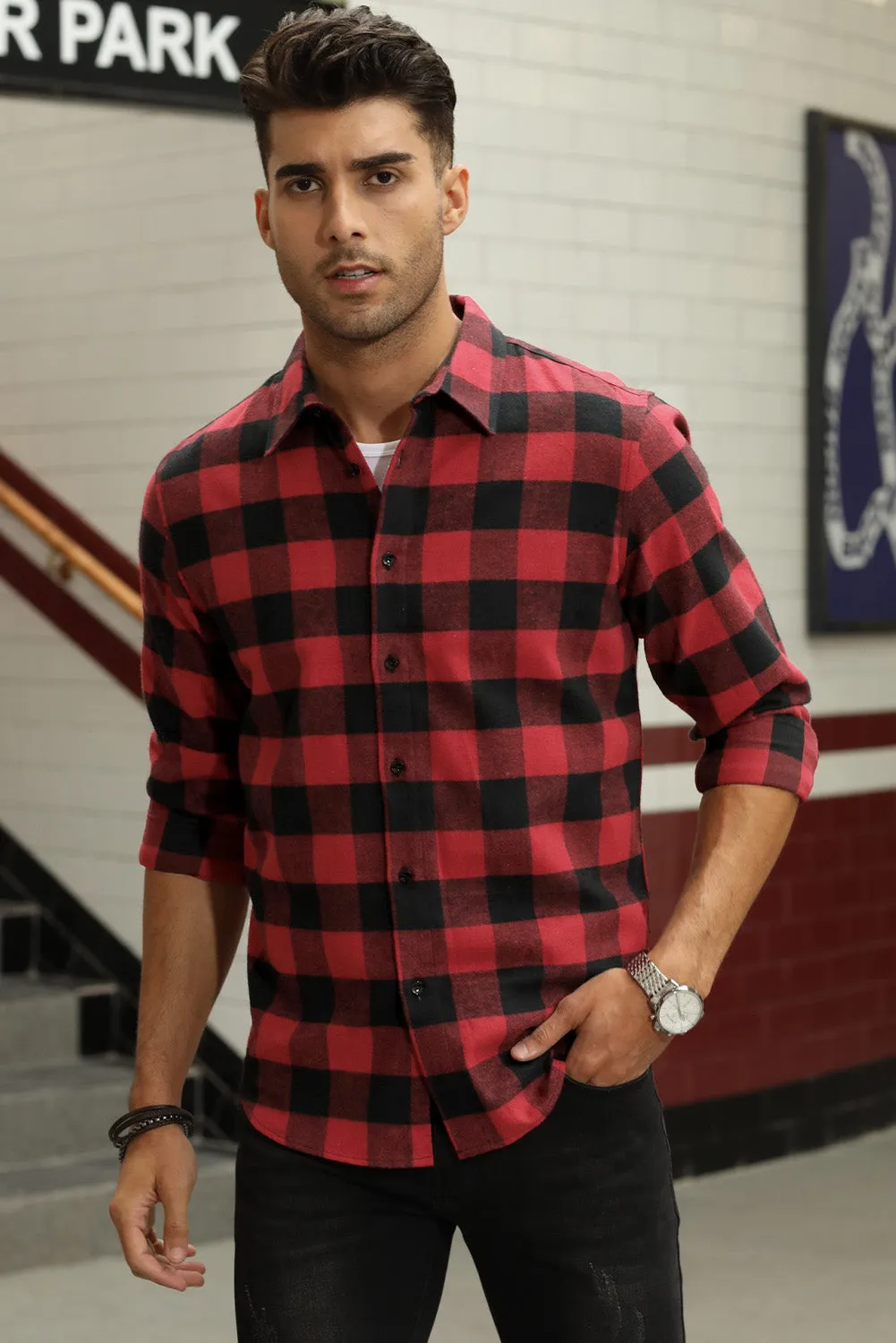 Men Button Front Long Sleeve Gingham Shirt