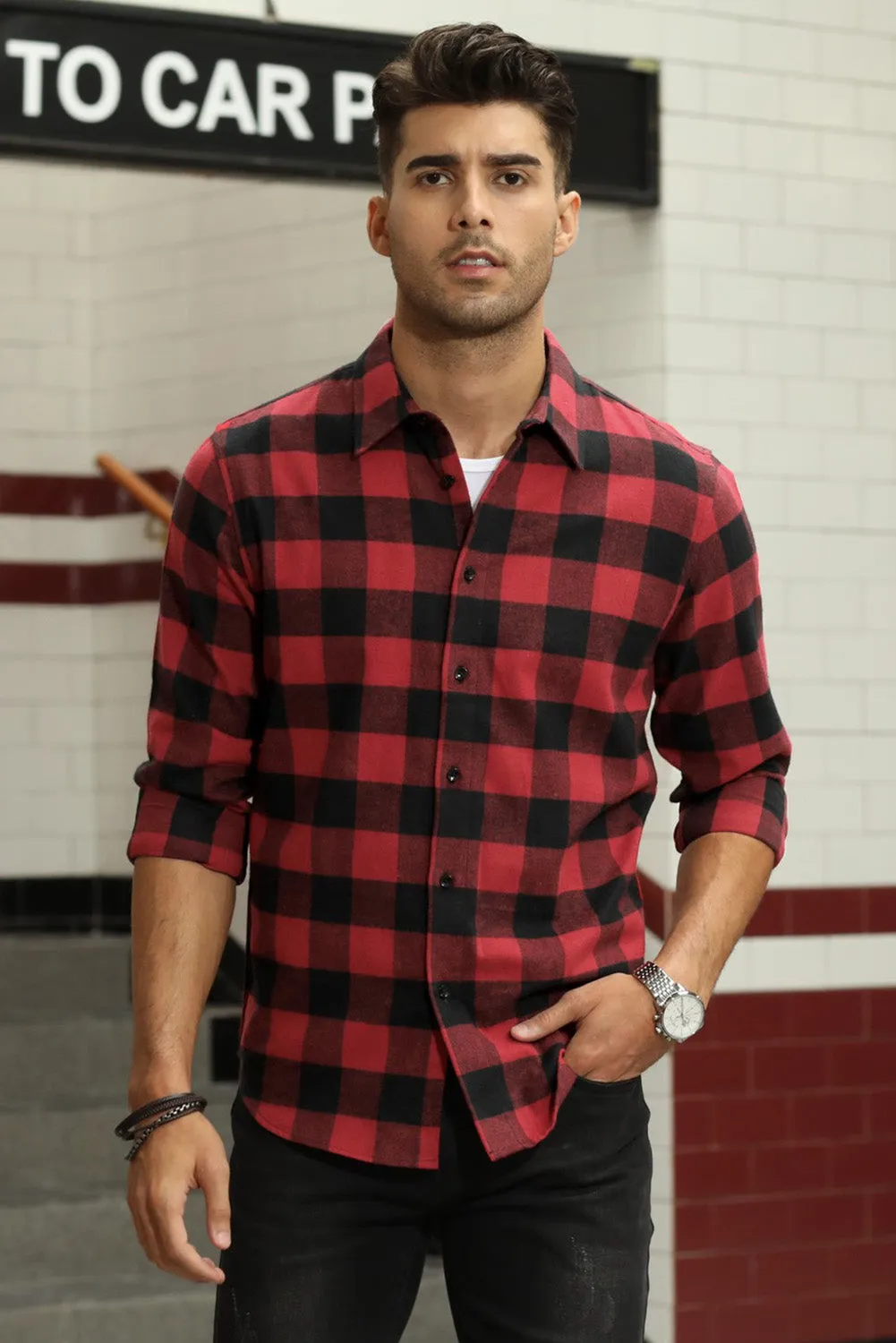 Men Button Front Long Sleeve Gingham Shirt