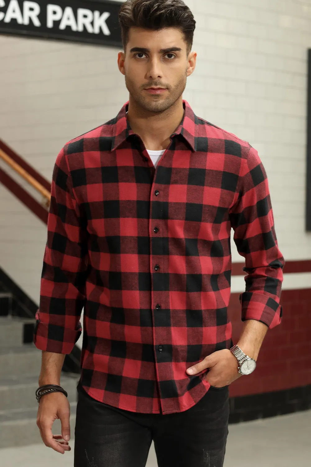 Men Button Front Long Sleeve Gingham Shirt
