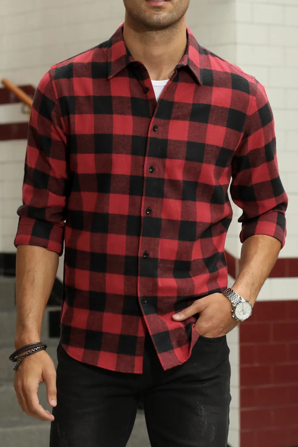 Men Button Front Long Sleeve Gingham Shirt