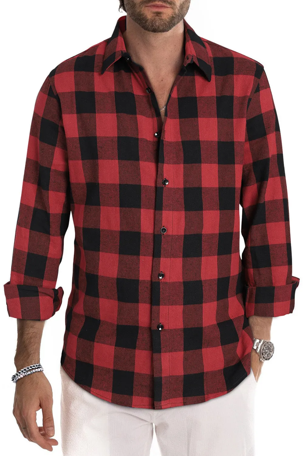 Men Button Front Long Sleeve Gingham Shirt