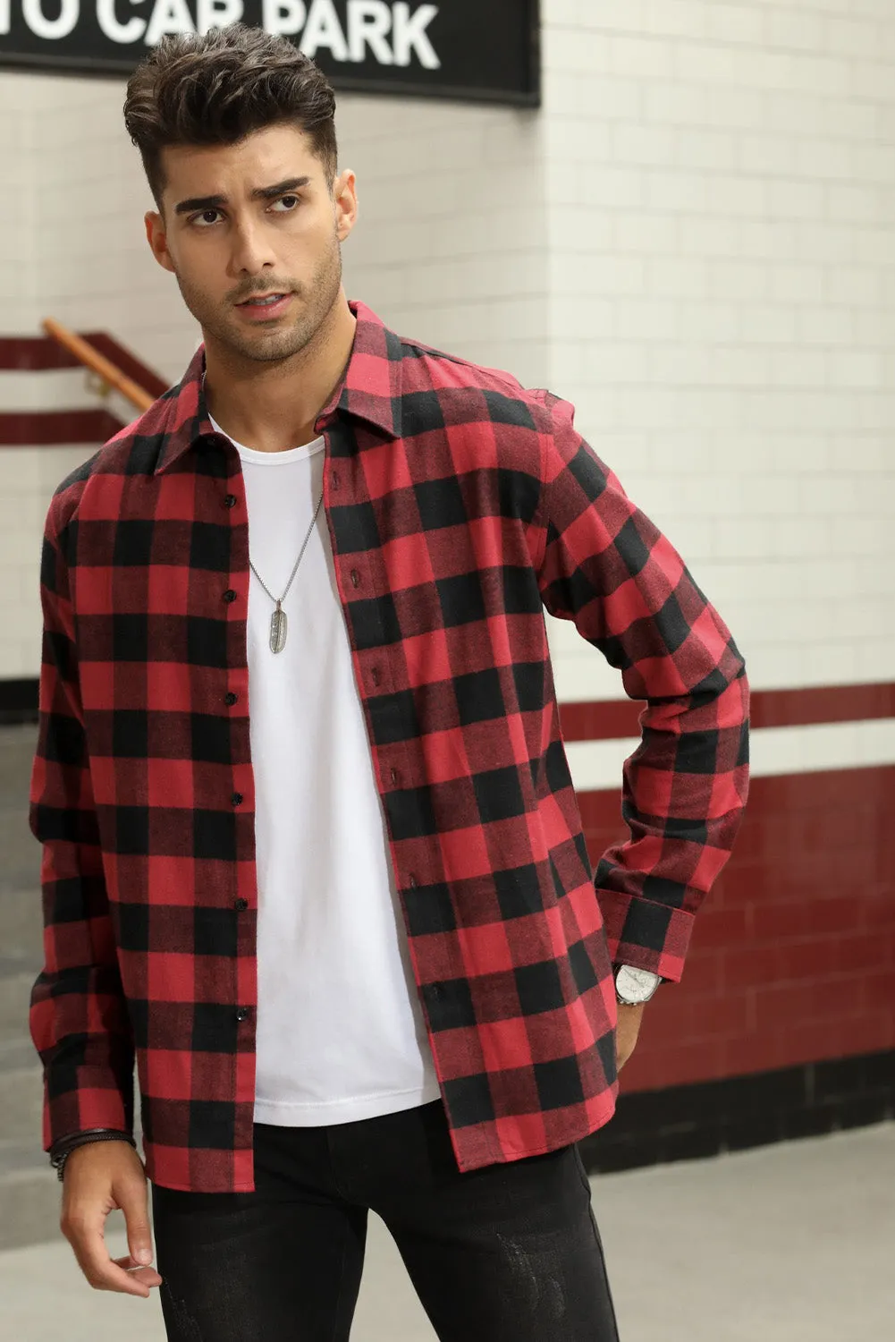 Men Button Front Long Sleeve Gingham Shirt