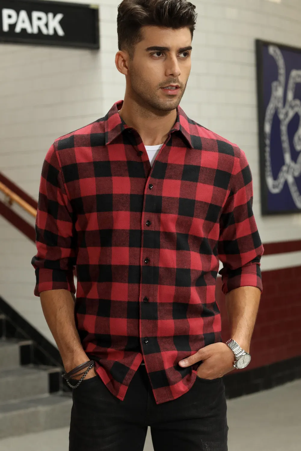 Men Button Front Long Sleeve Gingham Shirt
