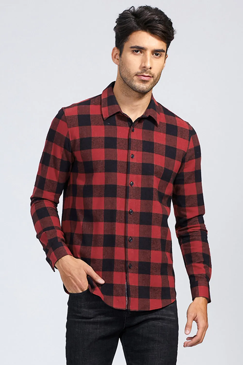Men Button Front Long Sleeve Gingham Shirt
