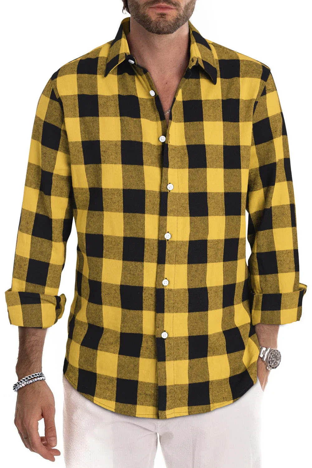 Men Button Front Long Sleeve Gingham Shirt
