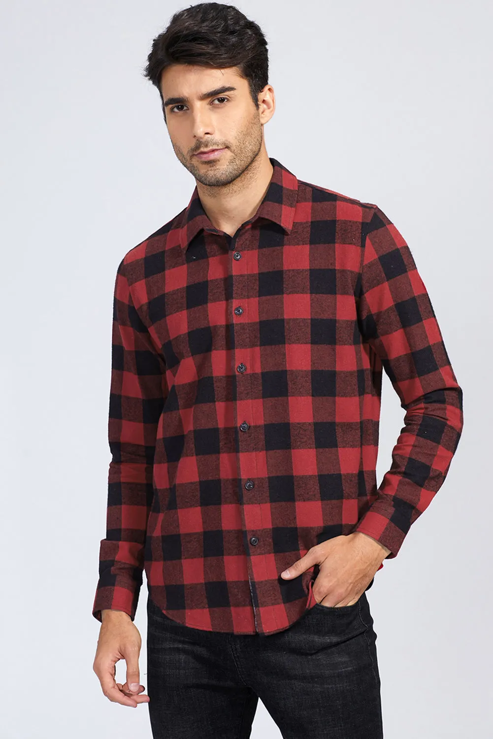 Men Button Front Long Sleeve Gingham Shirt