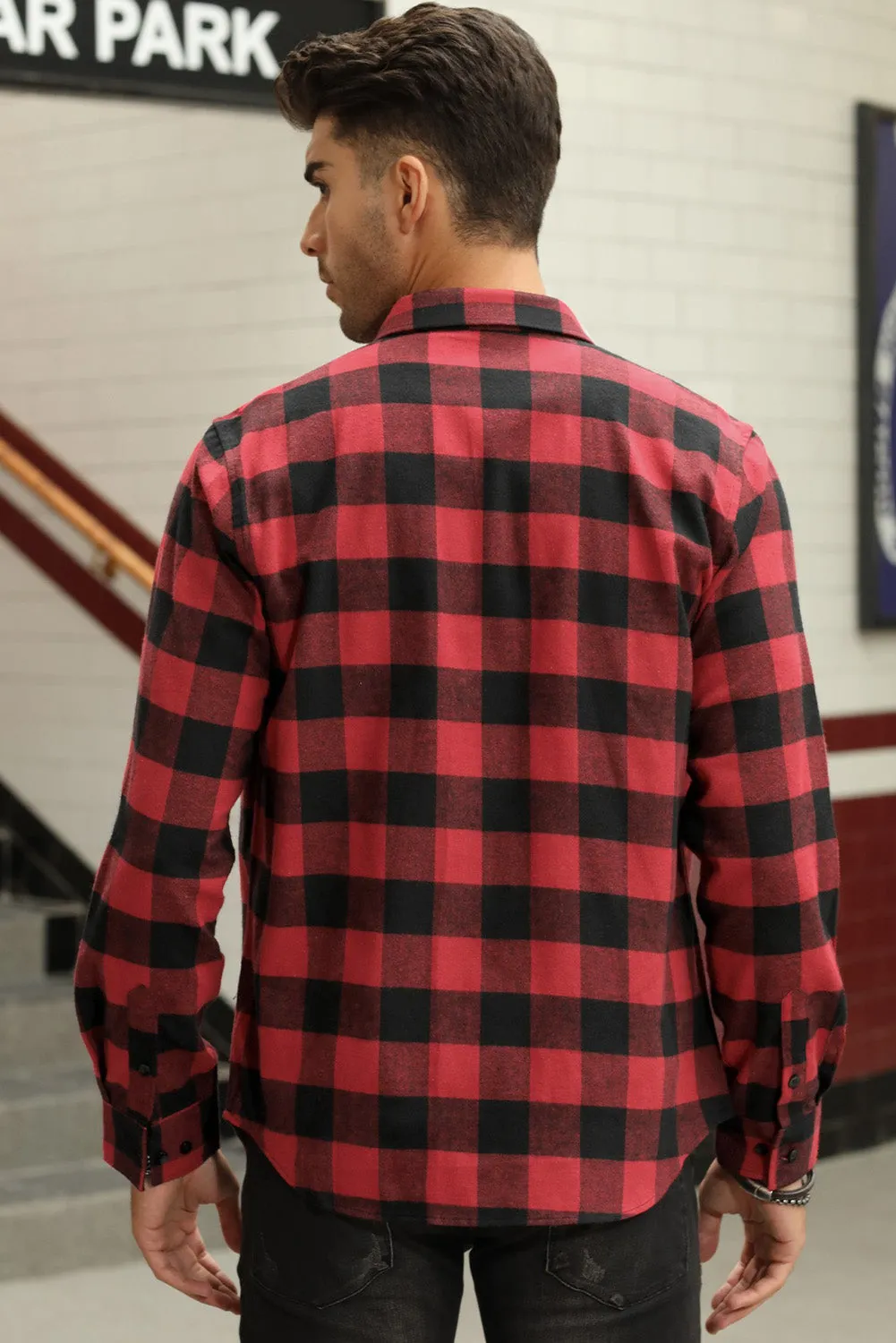 Men Button Front Long Sleeve Gingham Shirt