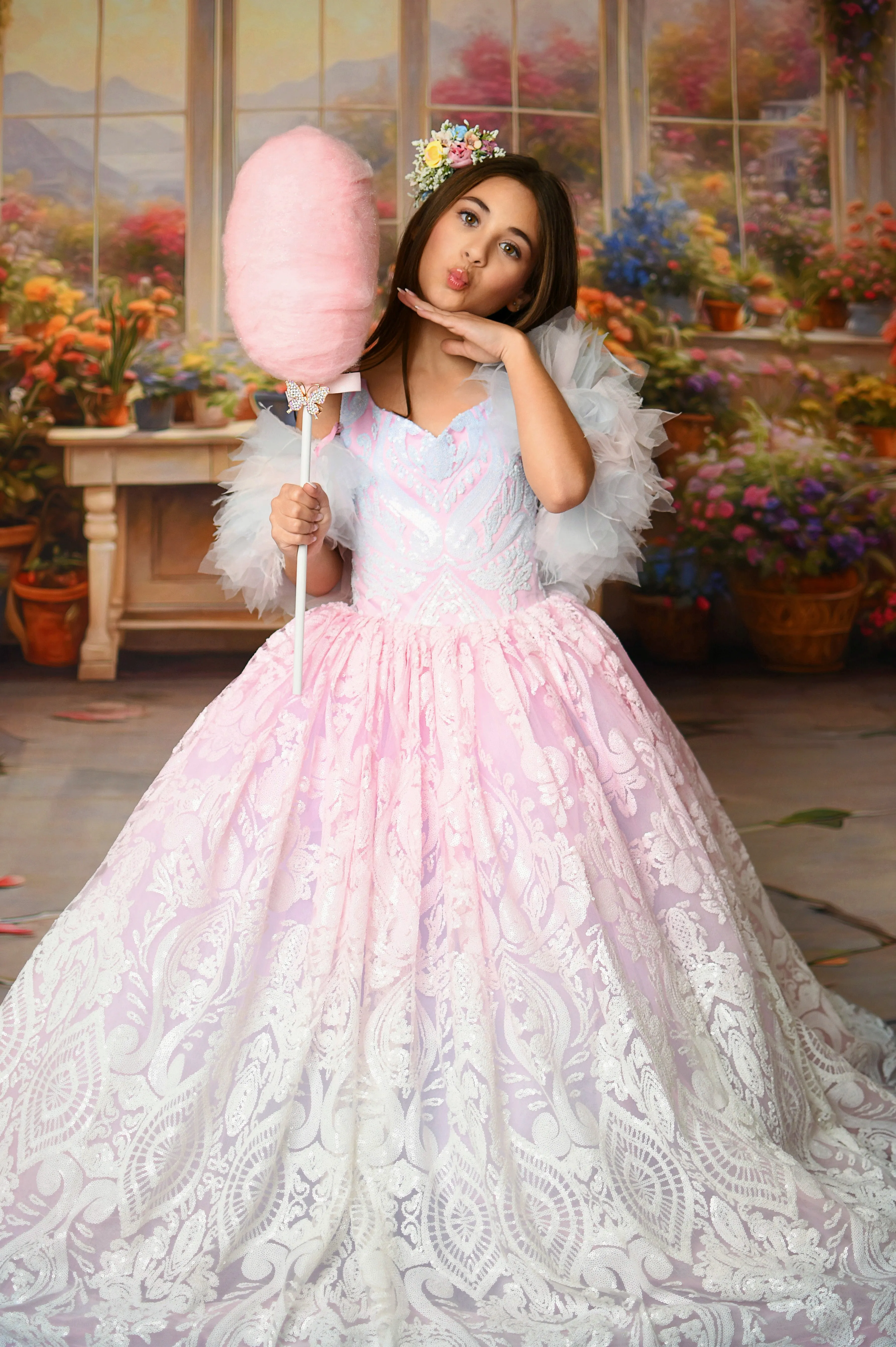 "Sugar Kisses" Floor-Length Dress with Detachable Ruffle Off-Shoulder Sleeves  7 Year - Petite 8 Year