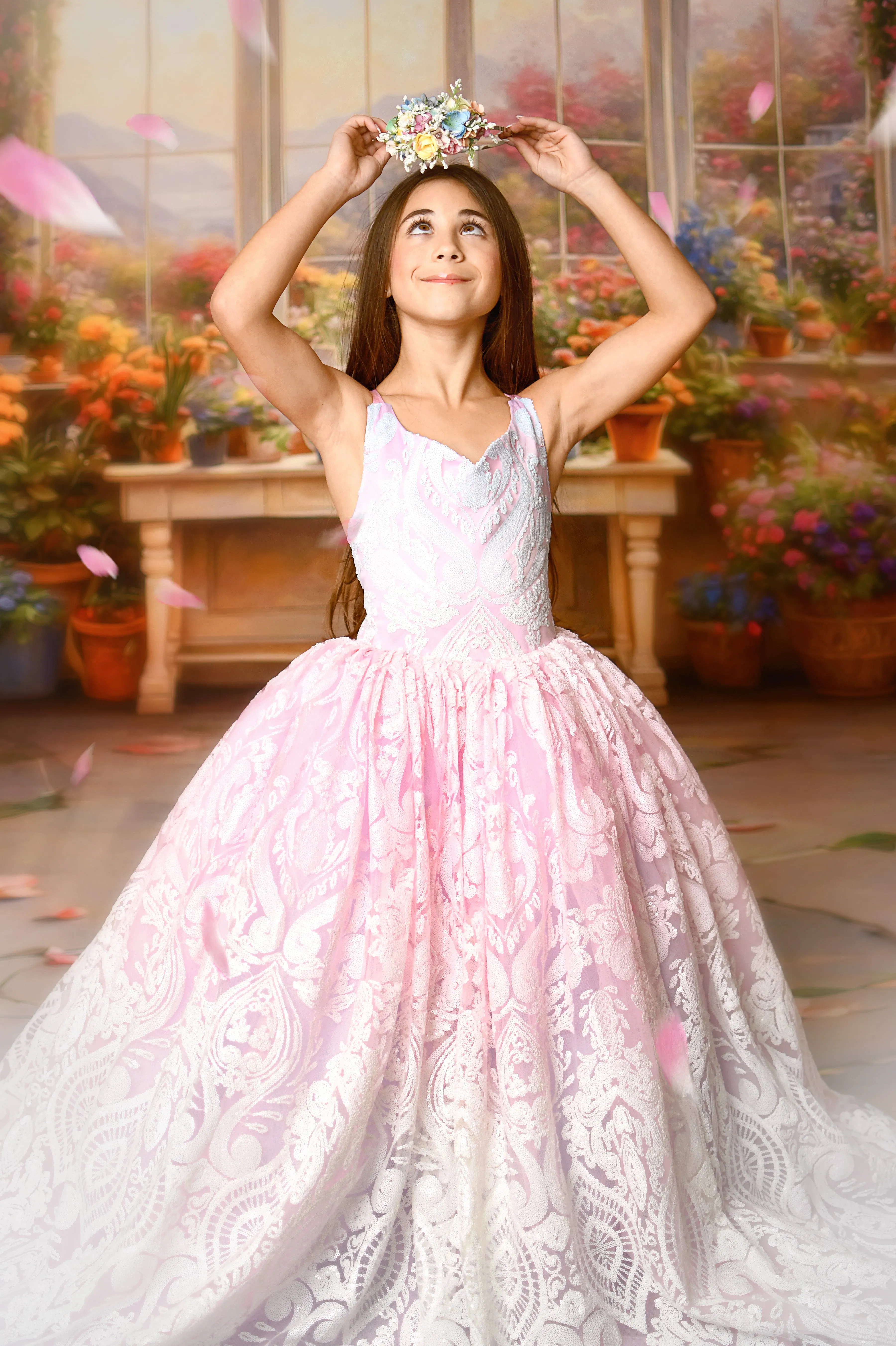 "Sugar Kisses" Floor-Length Dress with Detachable Ruffle Off-Shoulder Sleeves  7 Year - Petite 8 Year
