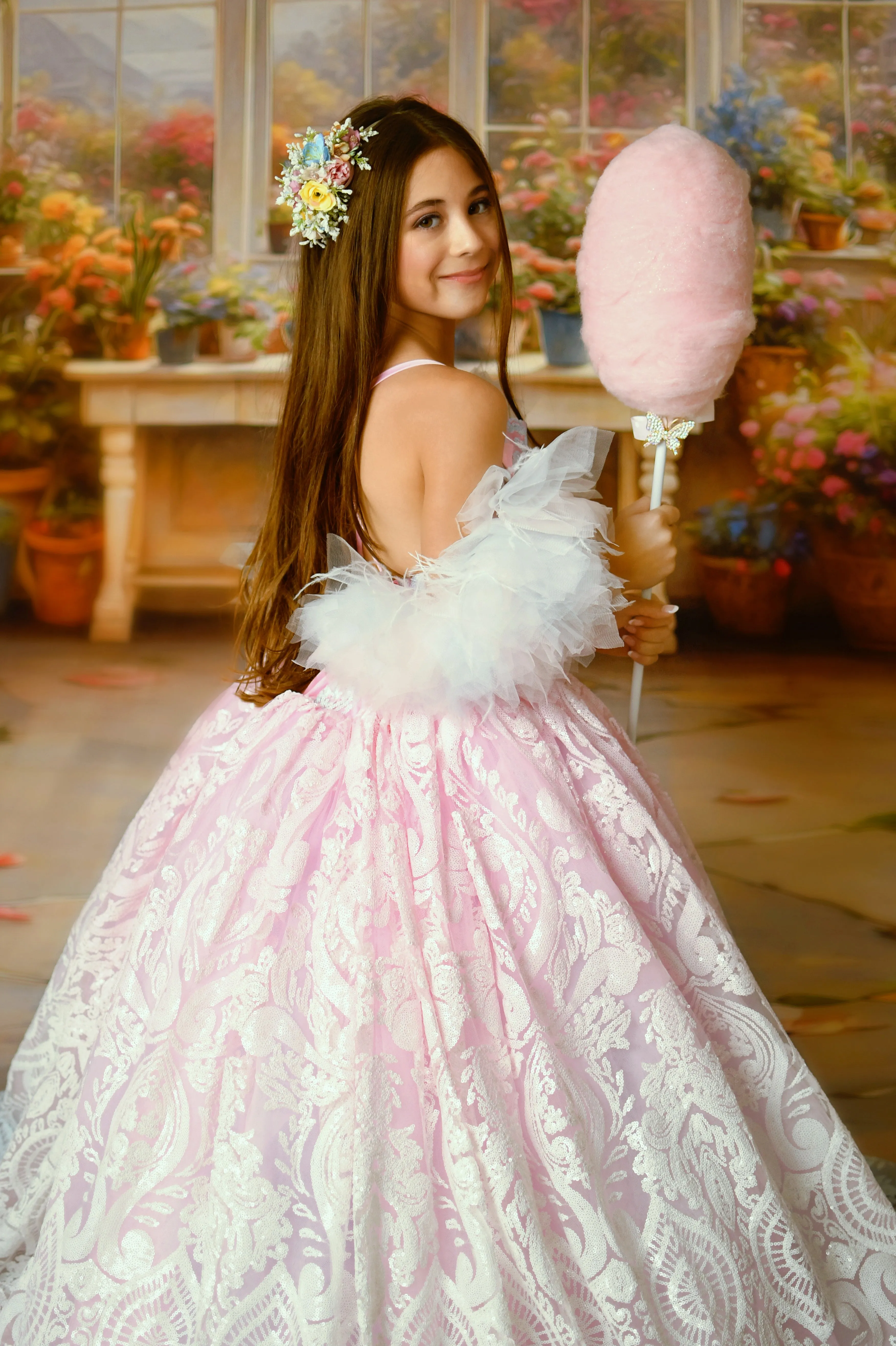 "Sugar Kisses" Floor-Length Dress with Detachable Ruffle Off-Shoulder Sleeves  7 Year - Petite 8 Year