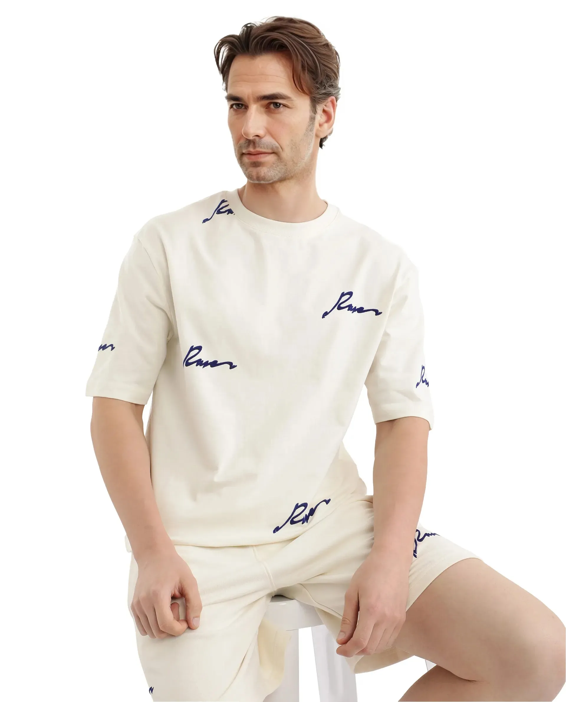 Rare Rabbit Men Erken Off White Cotton Fabric Short Sleeve Crew Neck Oversized Fit Graphic Typography Print T-Shirt