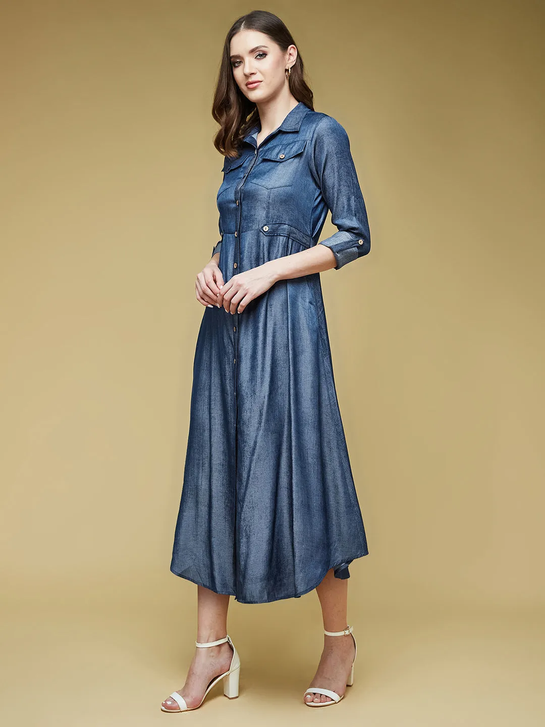 Women's Blue Shirt Collar 3/4 Sleeve Solid Midi Polyester Shirt Dress